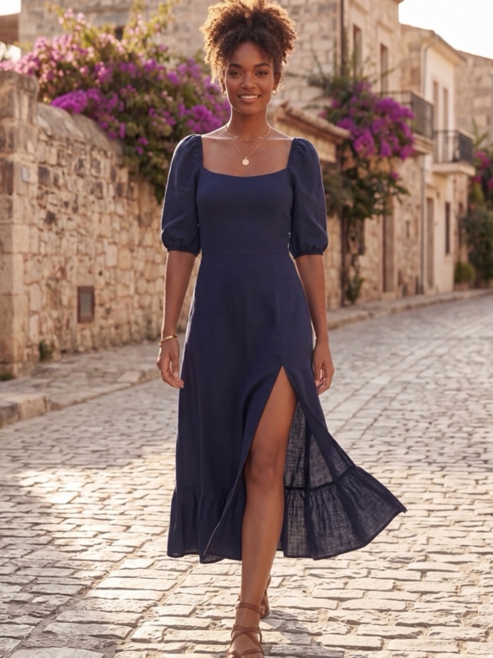 Reformation Navy Linen Puff Sleeve Smocked Midi Dress Slit Size 10